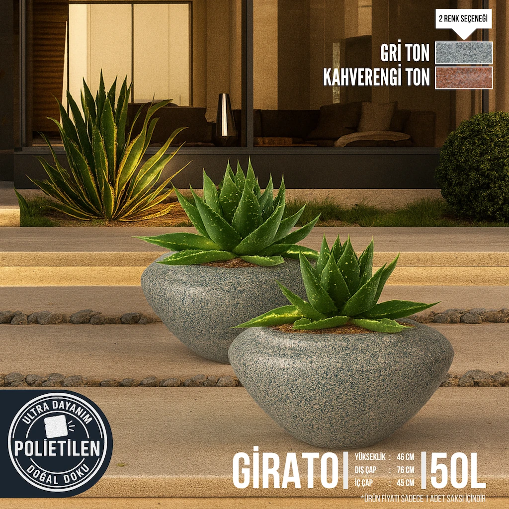 GIRATO Granit Dokulu Geniş Form Dekoratif Bahçe Saksısı (50L)